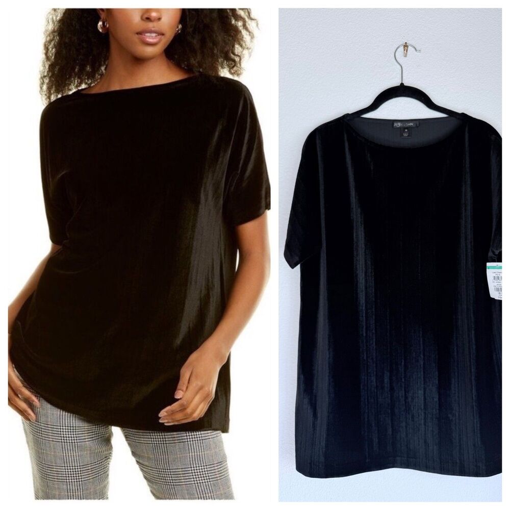 NWT ST JOHN Crushed Velvet Ribbed Short Dolman Sleeve Top in Black Size XS
